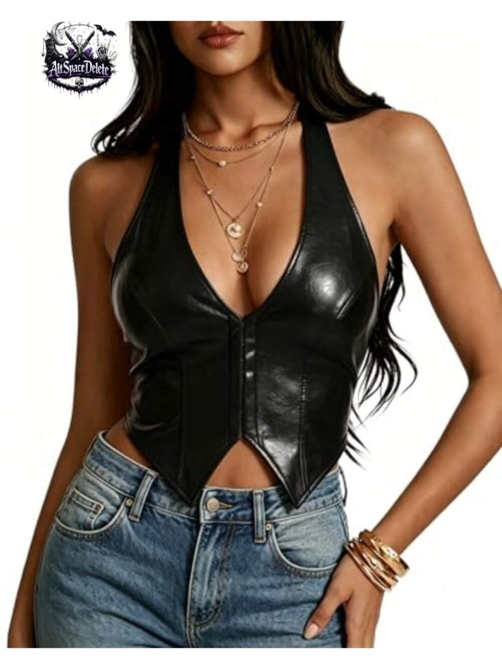 PU Leather Halter Corset Top Deep V Neck Backless Crop Vest Party Club